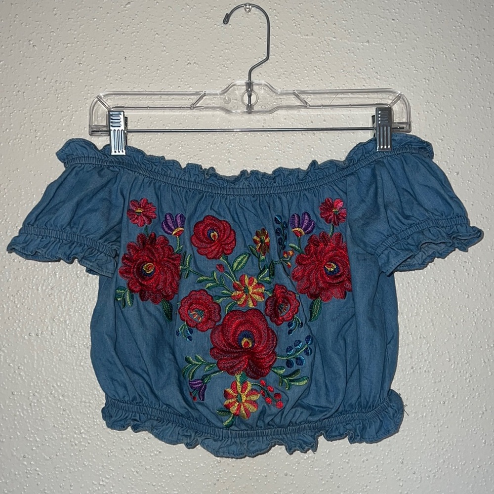 Denim Style Off Shoulder Crop Top with Floral Design - size small
